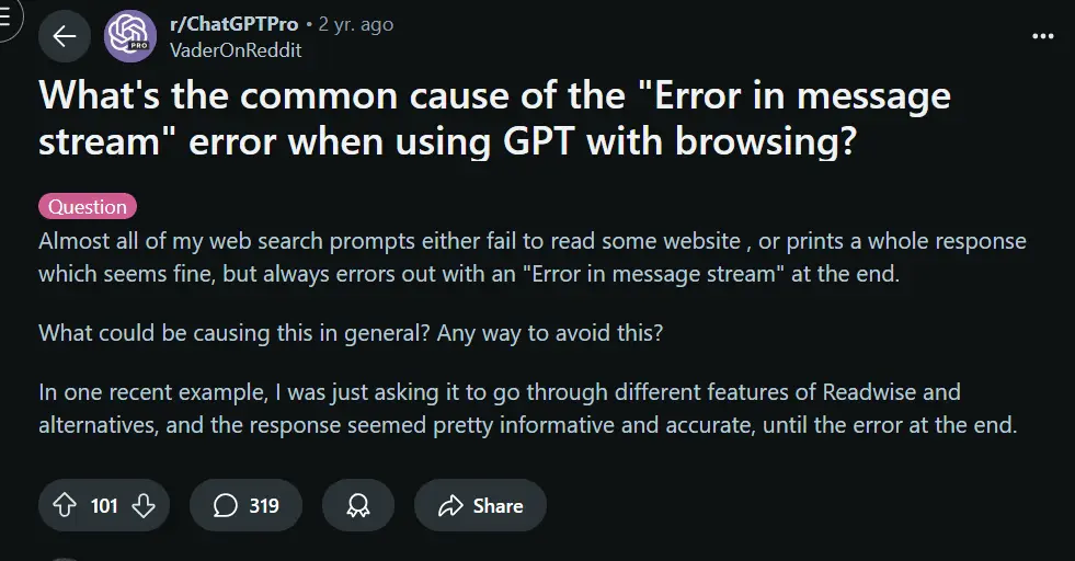 ChatGPT Error Messages, Error in Message Stream