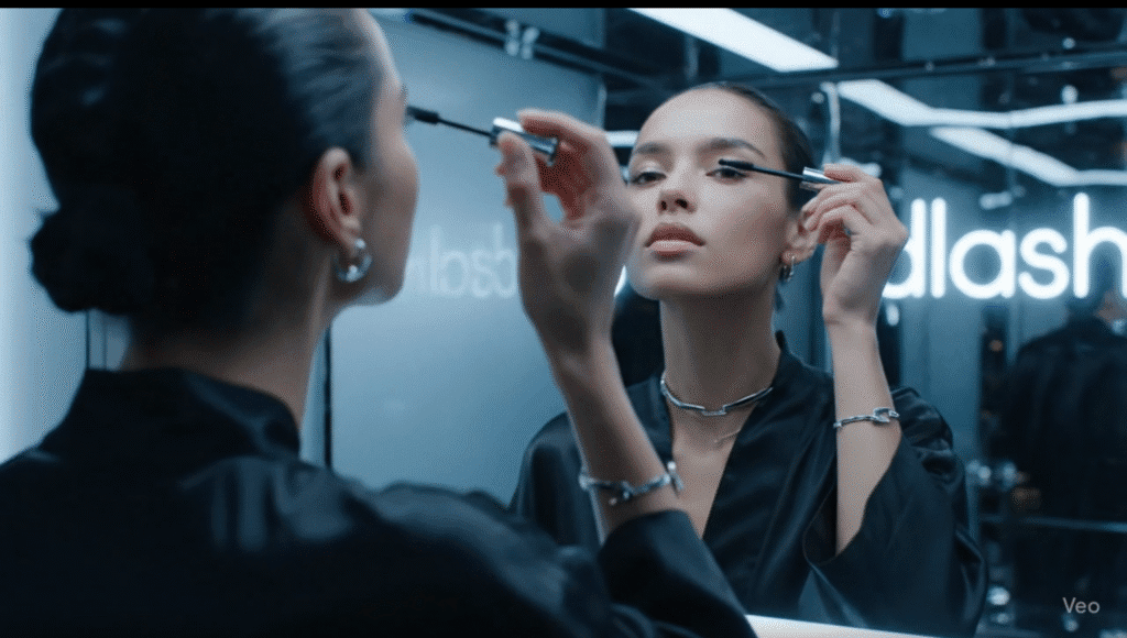 Hyperreal shimmer on lashes with ambient chrome lighting