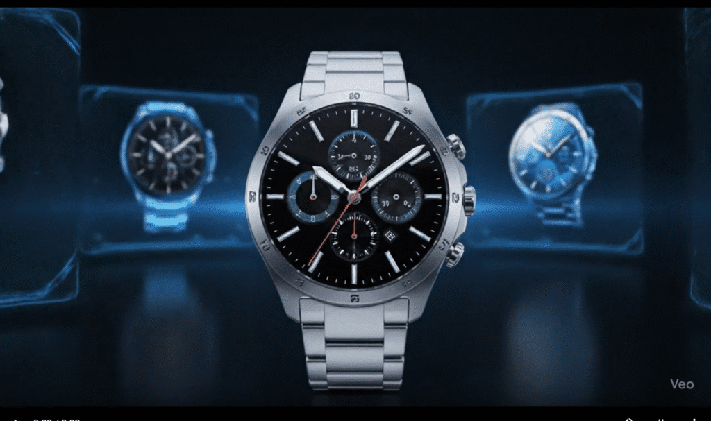 Watch face building itself in mid-air with reflective glow - Veo3