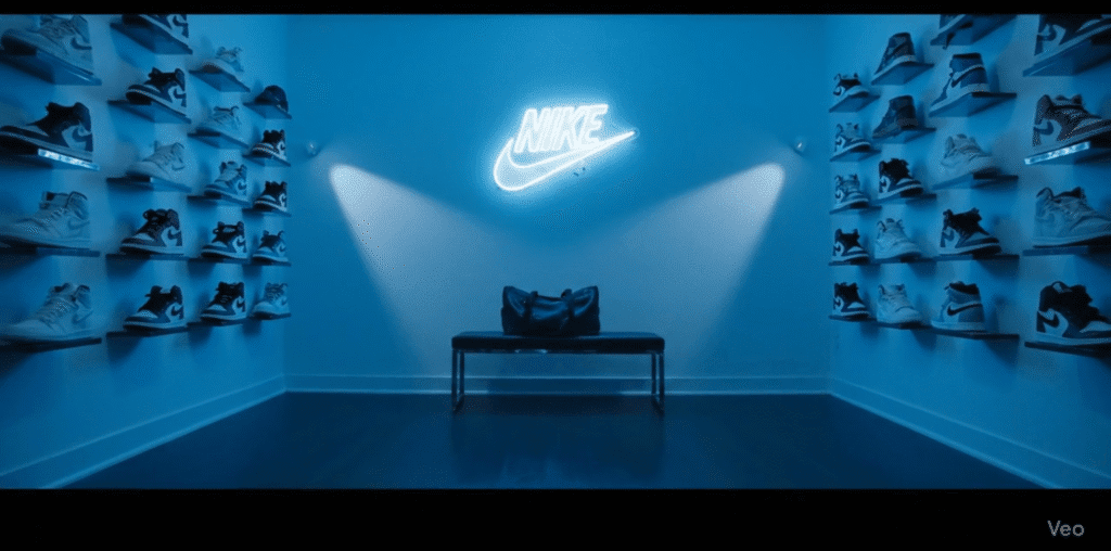 Cool lights, floating shelves, neon logo — all assembling dynamically