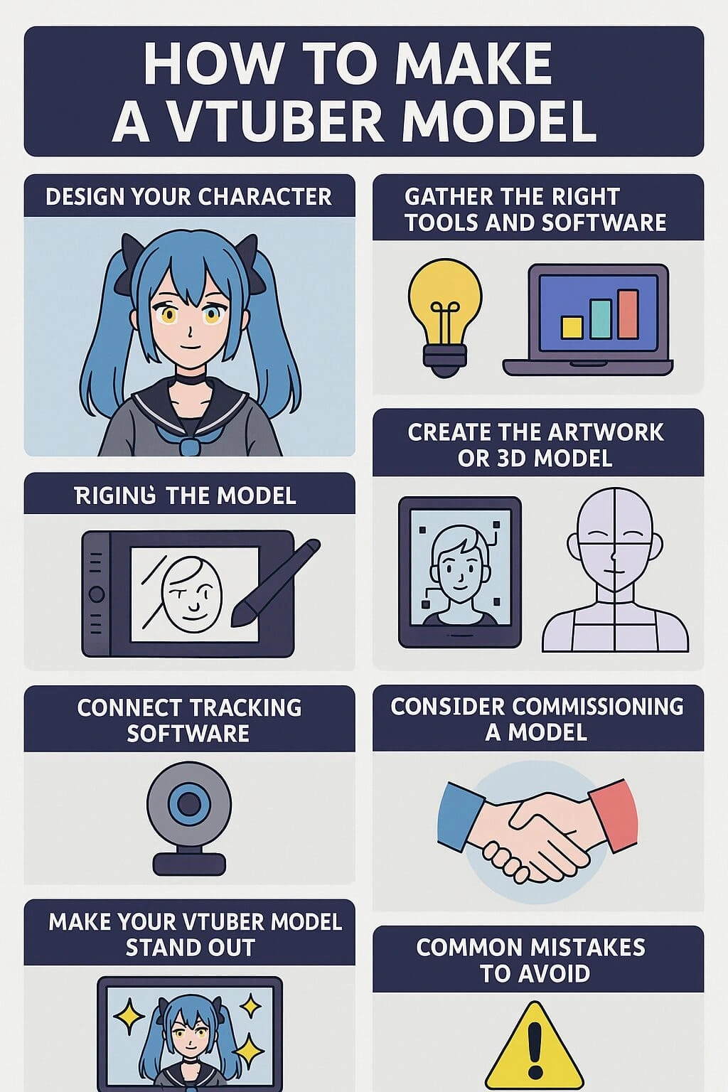 Step-by-step VTuber creation workflow from design to streaming.