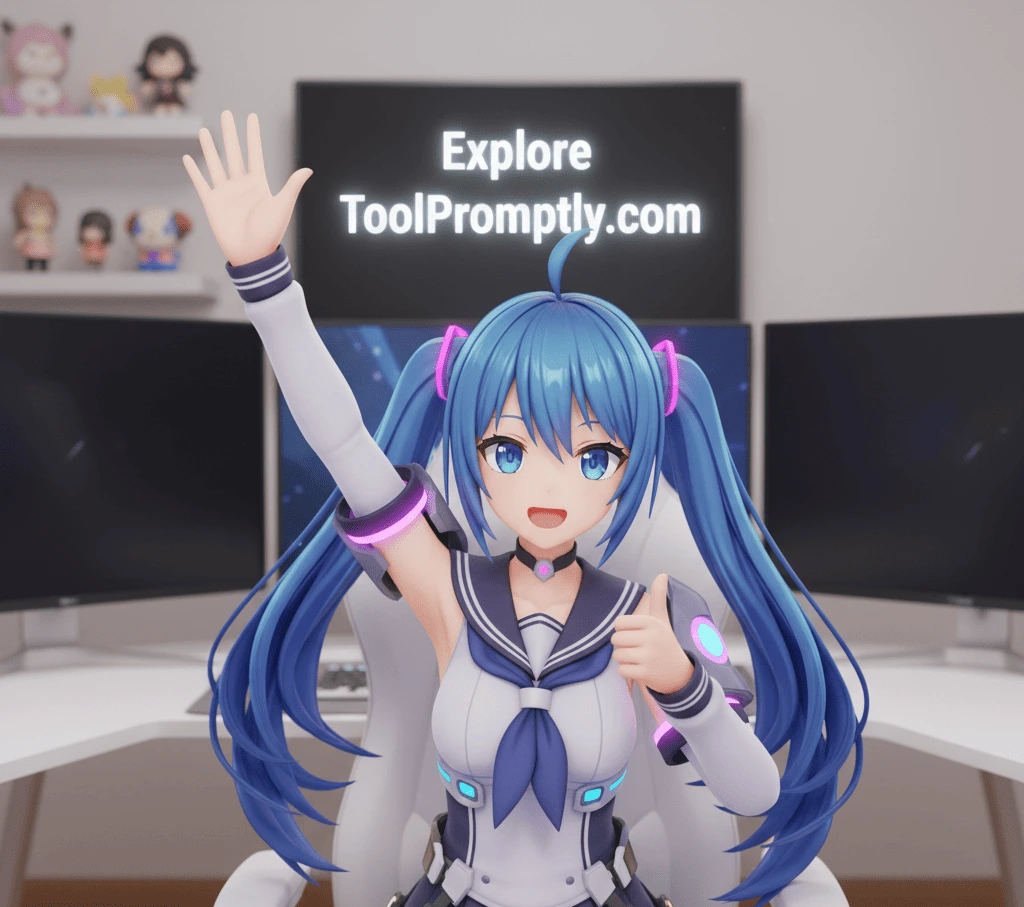 VTuber avatar waving goodbye with text saying Explore ToolPromptly.com
