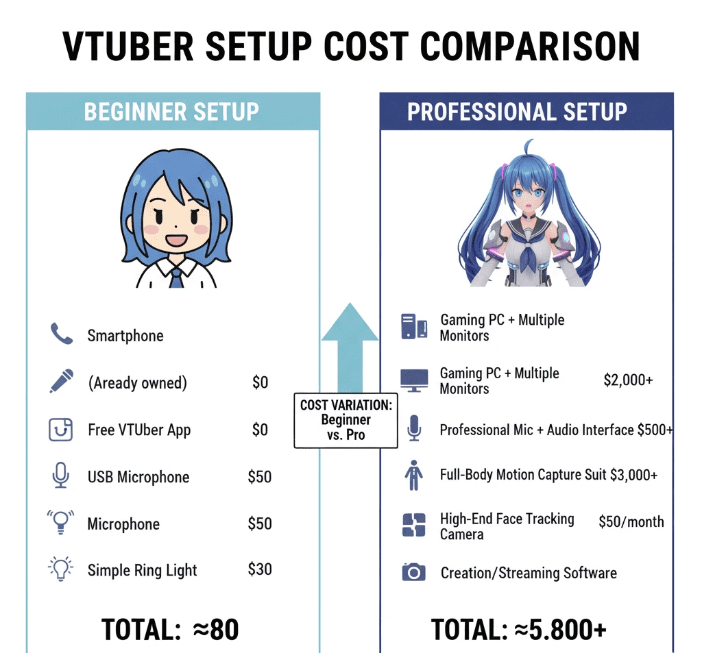 VTuber setup cost comparison between beginner and professional