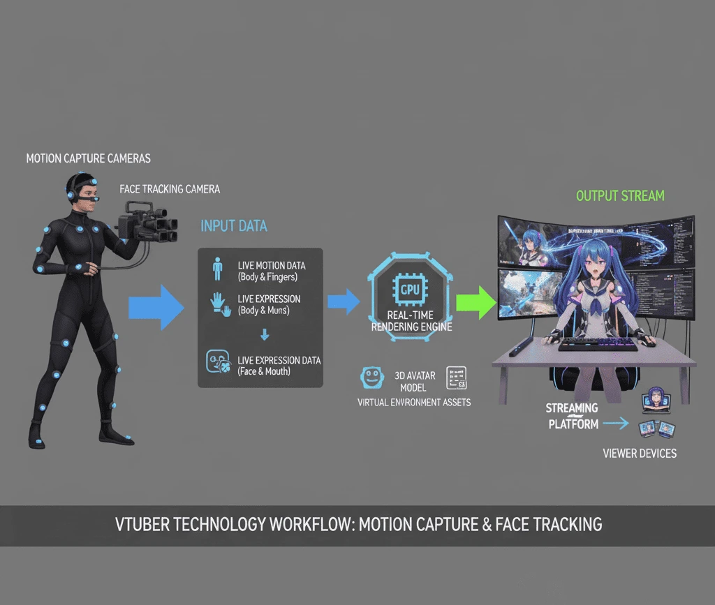 Diagram showing how VTuber technology works with motion capture and face tracking