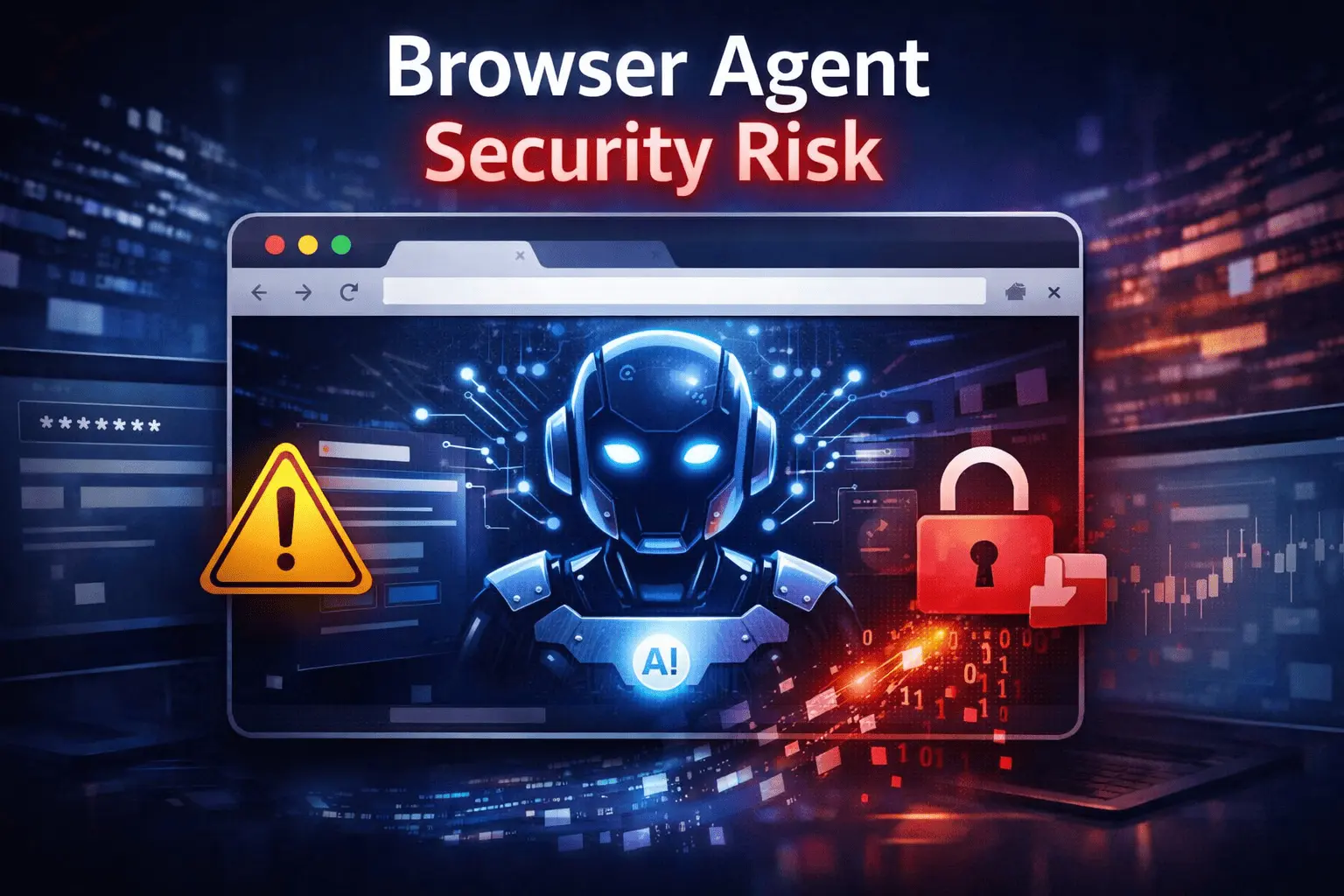 Browser agent security risk illustration showing AI-powered browser automation and data security threats