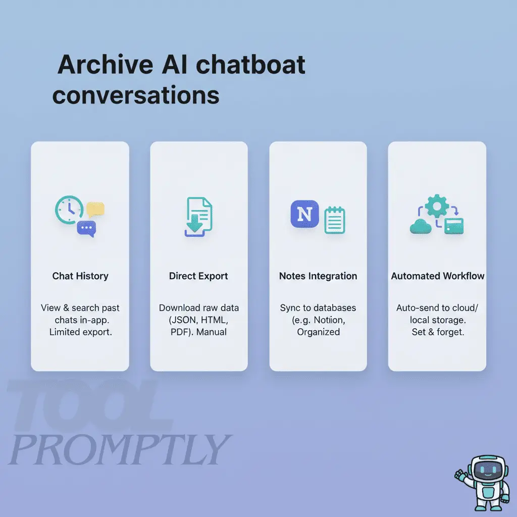 Visual cards comparing different AI chat archive methods like history, export, notes, automation