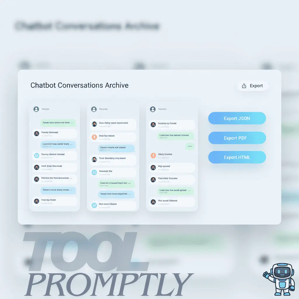 Dashboard view of AI chatbot conversations archive showing saved chats and export options