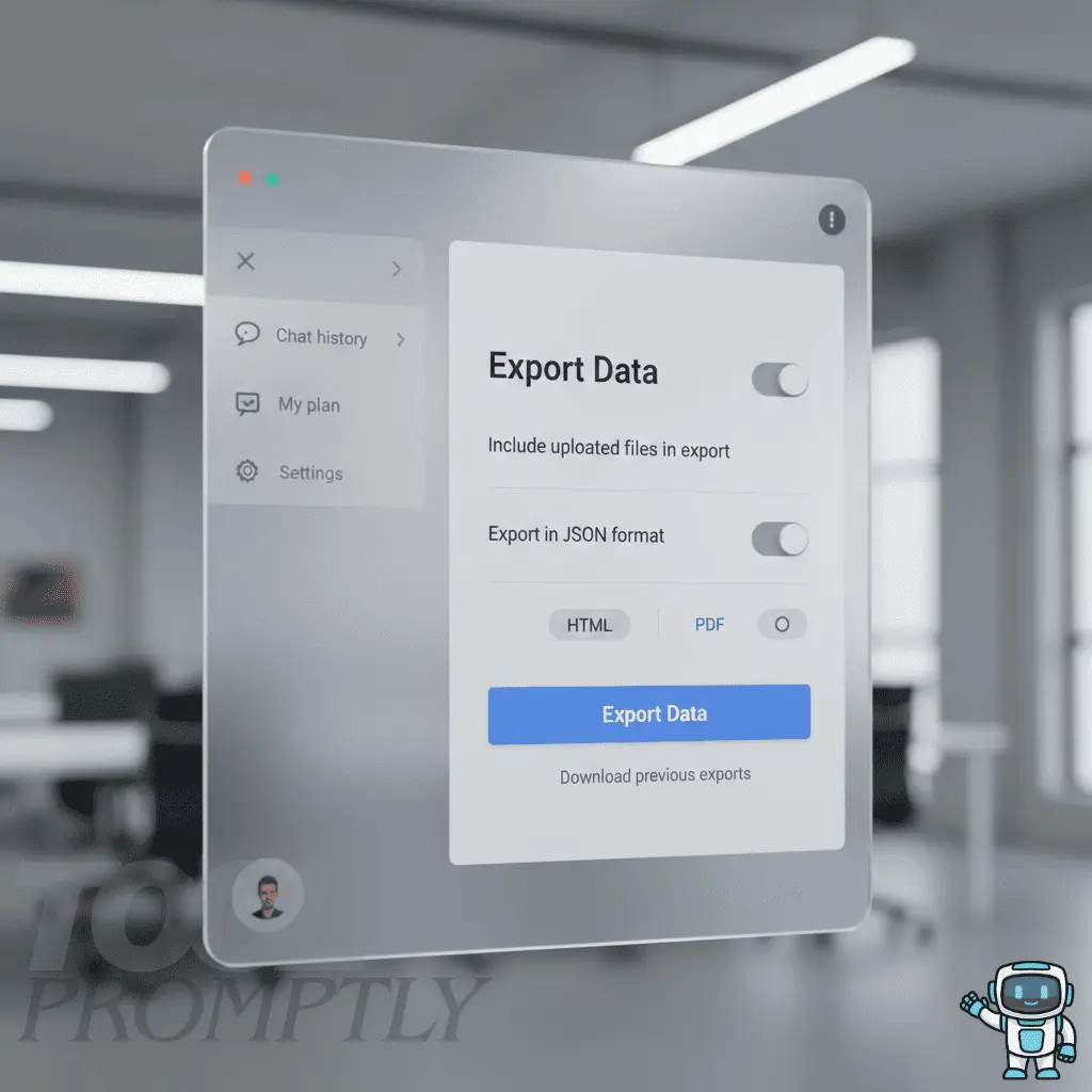 Mockup of ChatGPT settings showing export data option for downloading chat history