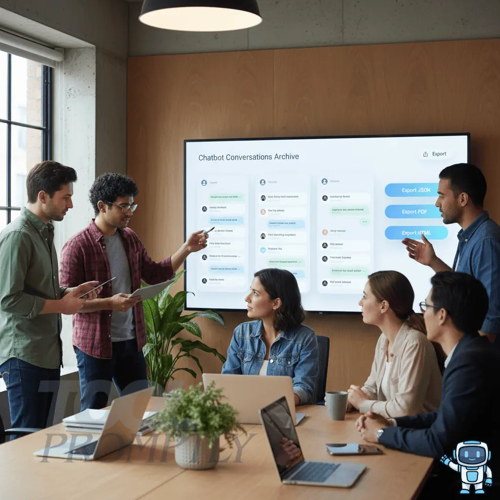 Team collaborating around a shared AI chatbot archive on a big screen in a modern office